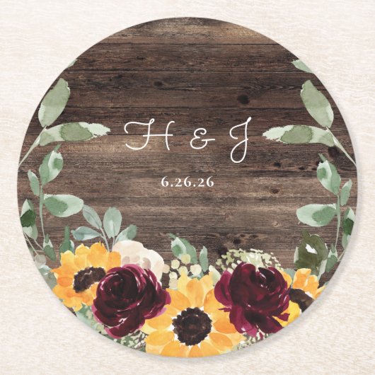 Zonnebloem Rozen Barn Wood Monogram Weddenschap Ronde Kartonnen Onderzetter (Voorkant)