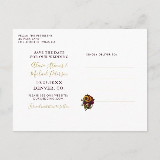 Zonnebloem rozen, bijtend script, op datum bruilof aankondigingskaart (Achterkant)