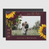 Zonnebloem rozen, bijtend script, op datum bruilof magnetische uitnodiging (Voorkant / Achterkant)
