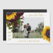Zonnebloem rozen, bijtend script, op datum bruilof magnetische uitnodiging (Voorkant / Achterkant)