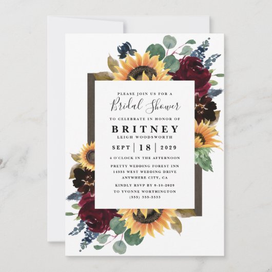 Zonnebloem Rozen Bourgogne Navy Blue Vrijgezellenf Kaart (Voorkant)