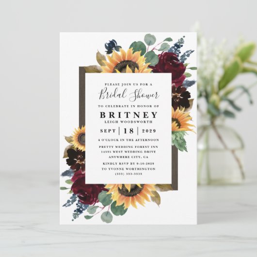 Zonnebloem Rozen Bourgogne Navy Blue Vrijgezellenf Kaart (Staand voorkant)