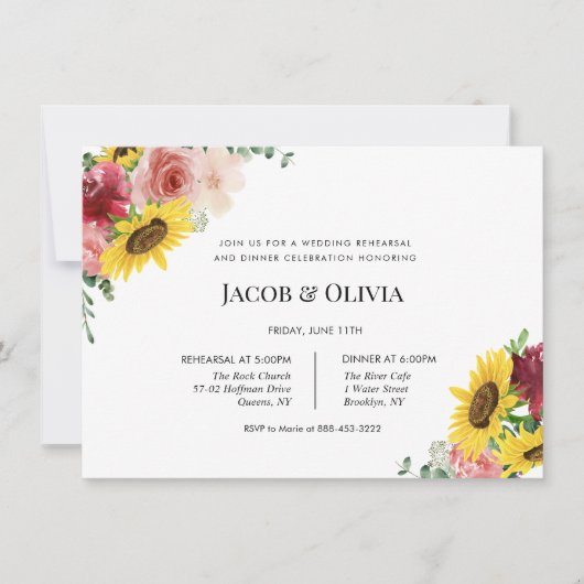 Zonnebloem Rozen bruiloft repetitie diner uitnodig Kaart (Voorkant)