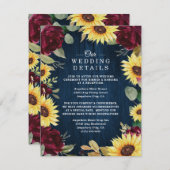 Zonnebloem Rozen Burgundy Red en Navy Blue Weddens Informatiekaartje (Voorkant / Achterkant)