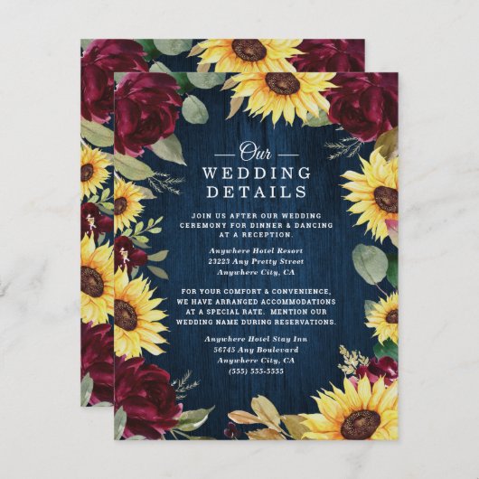 Zonnebloem Rozen Burgundy Red en Navy Blue Weddens Informatiekaartje (Voorkant / Achterkant)