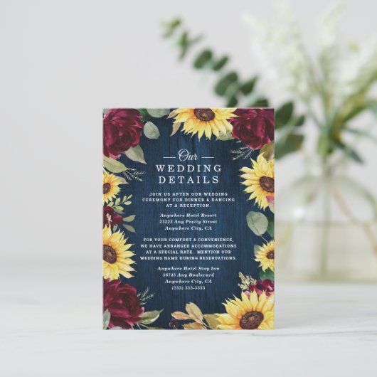 Zonnebloem Rozen Burgundy Red en Navy Blue Weddens Informatiekaartje (Staand voorkant)