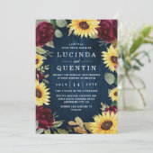 Zonnebloem Rozen Burgundy Red en Navy Blue Weddens Kaart (Staand voorkant)