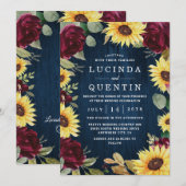 Zonnebloem Rozen Burgundy Red en Navy Blue Weddens Kaart (Voorkant / Achterkant)