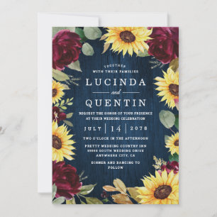 Zonnebloem Rozen Burgundy Red en Navy Blue Weddens Kaart