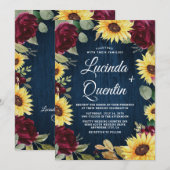 Zonnebloem Rozen Burgundy Red en Navy Blue Weddens Kaart (Voorkant / Achterkant)