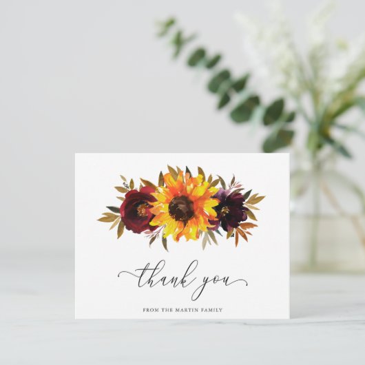 Zonnebloem Rozen Elegant Rustische Herfst Funeral Bedankkaart (Staand voorkant)