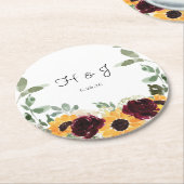 Zonnebloem Rozen Eucalyptus Monogram Weddenschap Ronde Kartonnen Onderzetter (Gebogen)