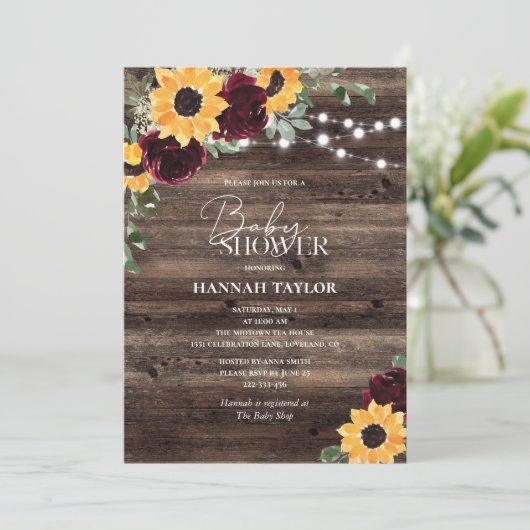Zonnebloem Rozen Floral houten Baby shower Kaart (Staand voorkant)
