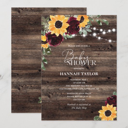 Zonnebloem Rozen Floral houten Baby shower Kaart (Voorkant / Achterkant)