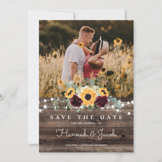 Zonnebloem Rozen Foto Barn Wood Rustic Wedding Save The Date (Voorkant)