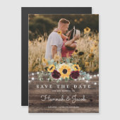 Zonnebloem Rozen Foto Barn Wood Save the Date Magnetische Uitnodiging (Voorkant / Achterkant)