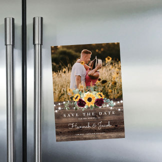 Zonnebloem Rozen Foto Barn Wood Save the Date Magnetische Uitnodiging