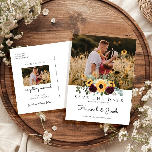 Zonnebloem Rozen Foto Floral Save the Date Wedding Aankondigingskaart