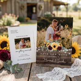 Zonnebloem Rozen Foto Hout Save the Date Trouwen Aankondigingskaart