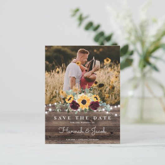 Zonnebloem Rozen Foto Hout Save the Date Wedding Aankondigingskaart (Staand voorkant)