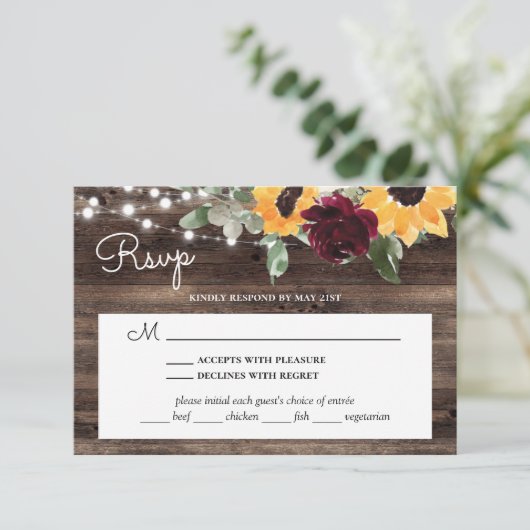 Zonnebloem Rozen Hout met keuzevrijheid voor maalt RSVP Kaartje (Staand voorkant)