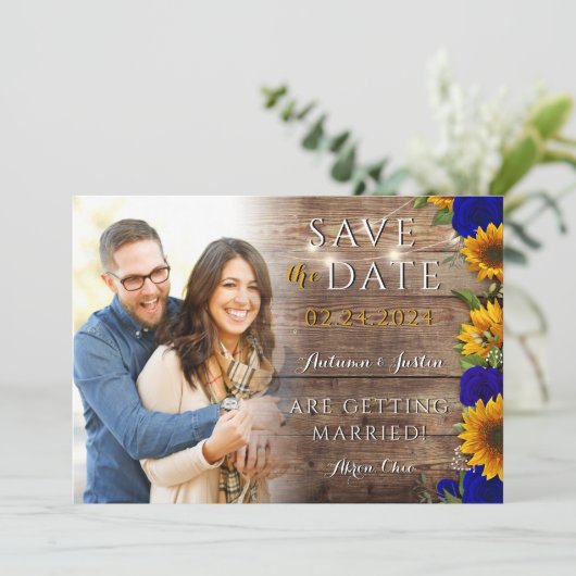 Zonnebloem Rozen Landelijke Rustieke Foto Save the Save The Date (Staand voorkant)