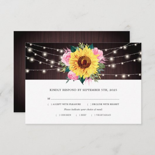 Zonnebloem Rozen Lichten Hout Trouwmaaltijd RSVP Kaartje (Voorkant / Achterkant)