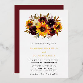 Zonnebloem Rozen Paars Rustic Fall Weddenschap Gol Folie Uitnodiging
