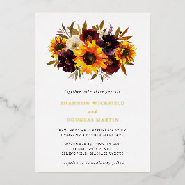 Zonnebloem Rozen Paars Rustic Fall Weddenschap Gol Folie Uitnodiging
