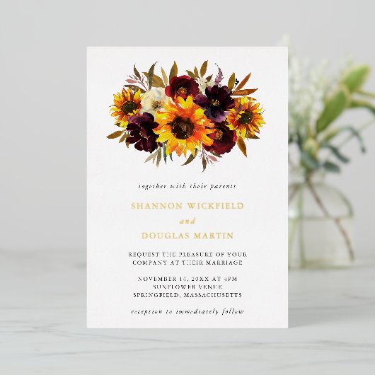 Zonnebloem Rozen Paars Rustic Fall Weddenschap Gol Folie Uitnodiging (Staand Voorkant)