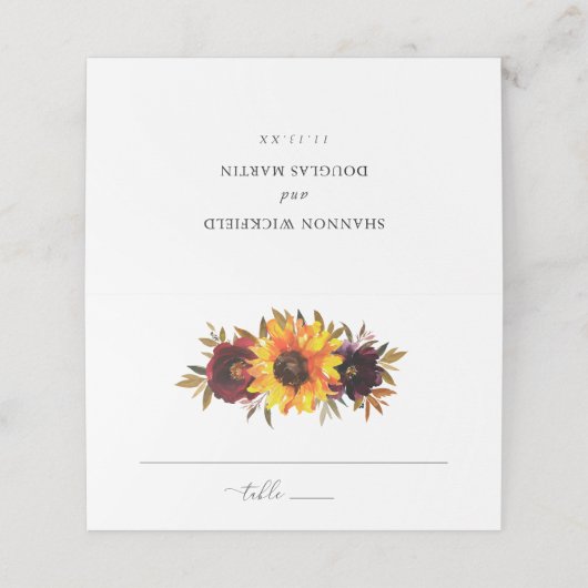 Zonnebloem Rozen Rood Paars Rustic Fall Weddenscha Plaatskaartje (Buitenkant ongevouwen)