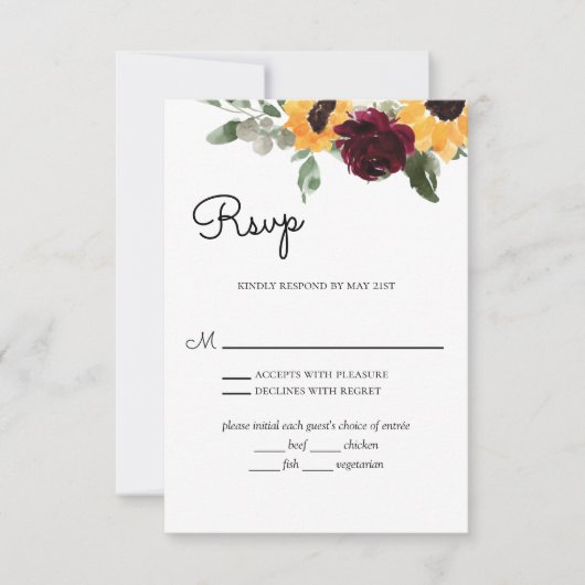 Zonnebloem Rozen Rustic Weddenschap met keuzevrijh RSVP Kaartje (Voorkant)