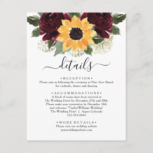 Zonnebloem Rozen rustieke bruiloft Details Informatiekaartje (Voorkant)