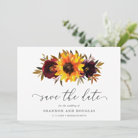 Zonnebloem Rozen rustieke Herfst bloemenelegante b Save The Date (Staand voorkant)