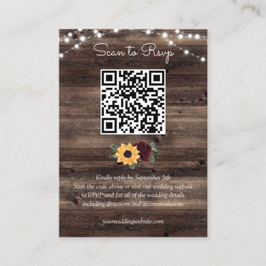 Zonnebloem Rozen Rustige houten bruiloft QR-code R Informatiekaartje (Voorkant)