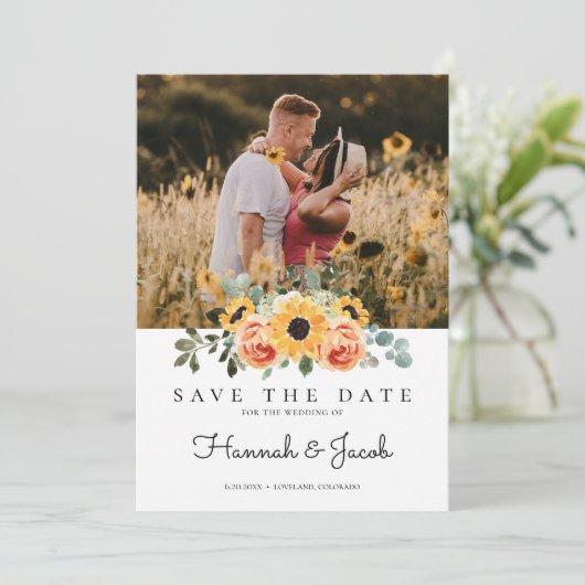 Zonnebloem Rozen Valle bruiloft Save The Date (Staand voorkant)