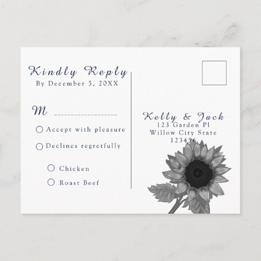 Zonnebloem/RSVP bruiloft Briefkaart (Achterkant)