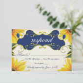 Zonnebloem RSVP-kaart - Geel en marineblauw RSVP Kaartje (Staand voorkant)