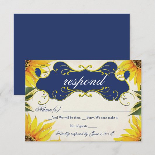 Zonnebloem RSVP-kaart - Geel en marineblauw RSVP Kaartje (Voorkant / Achterkant)
