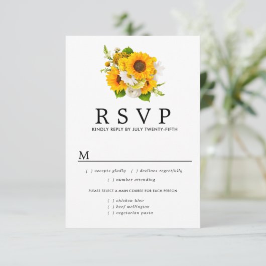 Zonnebloem RSVP-Kaart, maaltijdopties RSVP Kaartje (Staand voorkant)