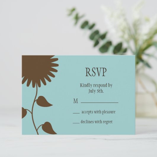 Zonnebloem RSVP op blauw (Staand voorkant)