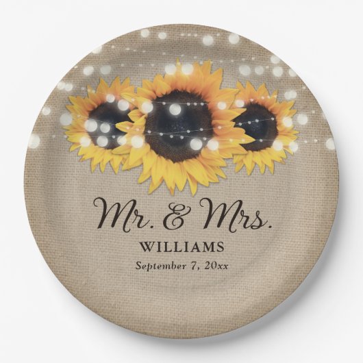 Zonnebloem Rustic Burlap Lights Wedding Papieren Bordje (Voorkant)
