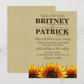Zonnebloem Rustic Burlap Wedding Invitations Kaart (Voorkant / Achterkant)