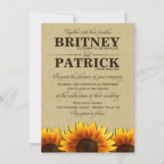 Zonnebloem Rustic Burlap Wedding Invitations Kaart (Voorkant)