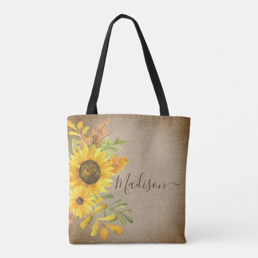 Zonnebloem Rustic Country Burlap - Gepersonaliseer Tote Bag (Achterkant)