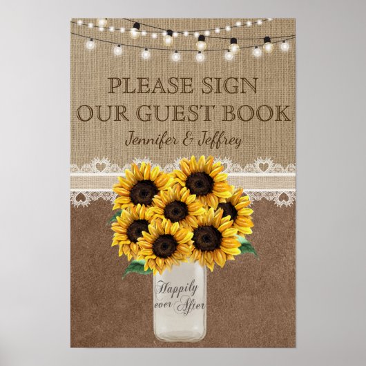 Zonnebloem Rustic Mason Jar Wedding Guest Book Sig Poster (Voorkant)