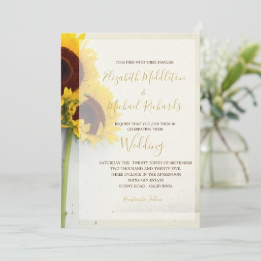 Zonnebloem Rustic Modern Typography Wedding Kaart (Staand voorkant)