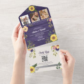 Zonnebloem Rustic Paars bruiloft All In One Uitnodiging (Afscheurbaar)