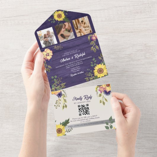 Zonnebloem Rustic Paars bruiloft All In One Uitnodiging (Afscheurbaar)