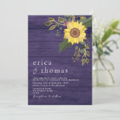 Zonnebloem Rustic Paars bruiloft Kaart (Staand voorkant)